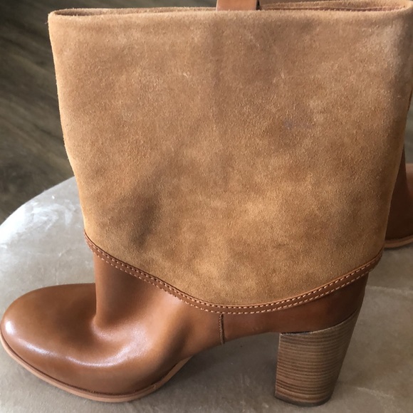 MICHAEL KORS CAMEL BUCKLE MID CALF HEELED SUEDE AND LEATHER BOOTS NWOT - Picture 6 of 9